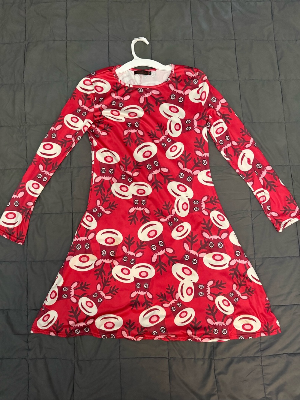 Red and white long sleeve dress with cute reindeer pattern #winter